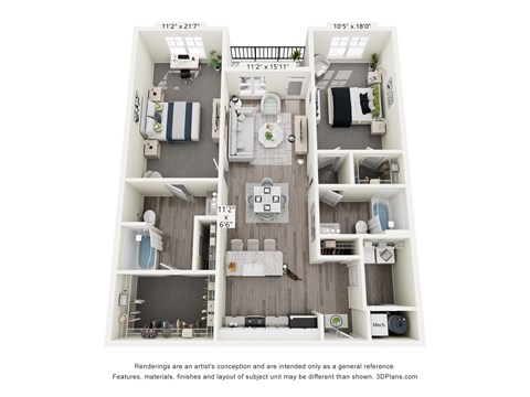 Floor plan for 2 beds, 2 baths, 1275 sqft